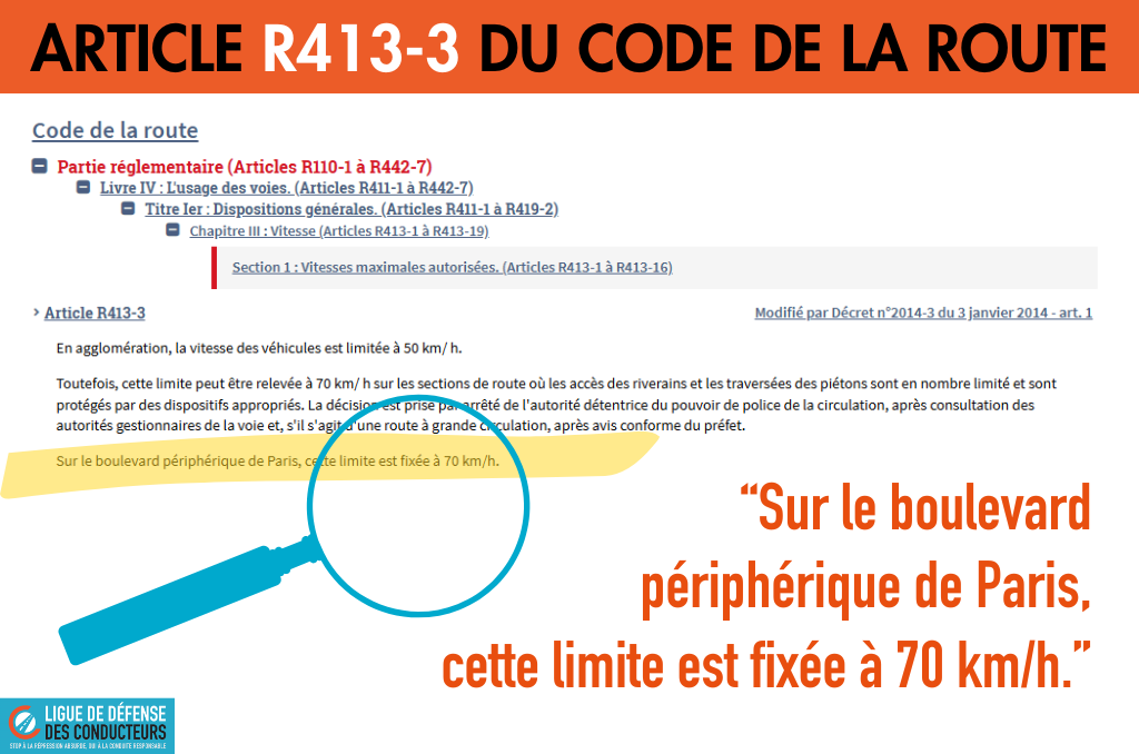 Code de la route limitation vitesse périphérique Paris